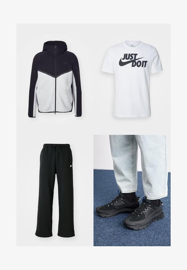 Šedá a čierna vetrovka na zips s kapucňou. Obsahuje chevronový dizajn, zipsovú kapsu na ramene a kontrastné textúry. Viditeľné logo Nike.; Biely bavlnený tričko s výrazným čiernym logom "Just Do It" a Nike swoosh. Klasický strih s okrúhlym výstrihom a krátkymi rukávmi.; Čierne tepláky vyrobené z mäkkej tkaniny, s elastickým pásom a nastaviteľnou šnúrkou, a malým logom na boku.; Čierne športové topánky s textúrovanou tkaninou a gumovou podrážkou, so elastickými šnúrkami a modrým akcentom na päte. Nosia sa s svetlými riflami.