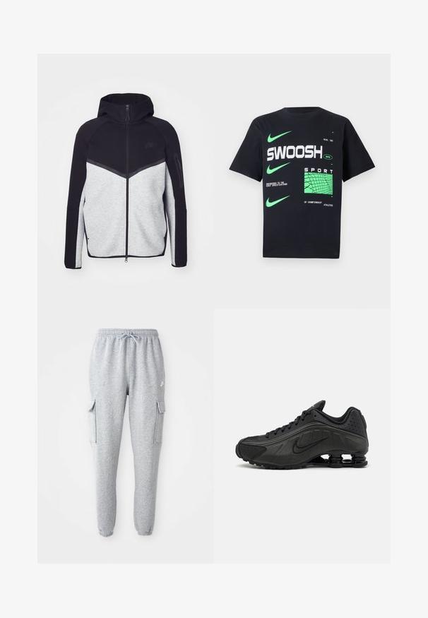 Hallide ja musta kapuutsiga tõmblukuga jakk. Omab ševronmustrit, tõmblukuga taskut varrukal ja kontrasteksture. Nähtav Nike logo.; Must musta särk, millel on roheline Nike bränding ja graafiline tekst, koos ruudukujulise rohelise mustriga aktsendiga. Lühikesed varrukad ja ümmargune kaelus.; Hallid hallid dressipüksid, mis on valmistatud pehmest kangast ja millel on elastne vöökoht koos nööridega, kaks külgset kottide taskut ja kitsenevad sääred.; Mustad mustat jooksujalad, millel on sile sünteetiline ülemus, perforatsioonid, tekstureeritud külgpaneelid ja eristuv elastne tall.