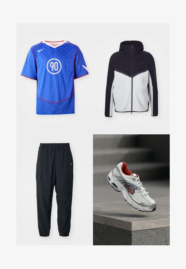 Hallide ja musta kapuutsiga tõmblukuga jakk. Omab ševronmustrit, tõmblukuga taskut varrukal ja kontrasteksture. Nähtav Nike logo.; Sinine Nike jalgpallijersei, millel on ruuduline muster, lühikesed varrukad, V-kaelus, valged detailid ja keskel ringikujuline "90" graafika.; Mustad mustad püksid kergest materjalist, elastse vöökoha, küljetaskute ja lõdva istuvuse ning elastsete mansettidega.; Valge ja hõbedane Nike jooksujalats, millel on punased aksendid, hõljub betoonserva kohal, näidates selle külje ja talla detaile.