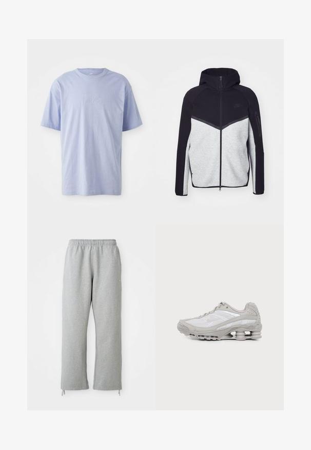 Harmaa ja musta vetoketjullinen takki hupulla. Ominaisuuksiin kuuluu chevron-kuviointi, vetoketjullinen tasku hihassa ja kontrastiväriset materiaalit. Nike-logo näkyvissä.; Vaaleansininen puuvillapaita, jossa on pyöreä pääntie ja lyhyet hihat. Edessä keskellä on kohokuvioitu "nike"-logo. Pehmeä rakenne.; Harmaat collegehousut, joissa on joustava vyötärö, suorat lahkeet ja nyöri-tyyliset yksityiskohdat helmoissa. Valmistettu pehmeästä, teksturoidusta kankaasta.; Harmaa ja valkoinen urheilujalkaine, jossa verkkopaneelit, nauhallinen malli ja ainutlaatuinen jousimainen pohja vaimennukseen ja tukeen.