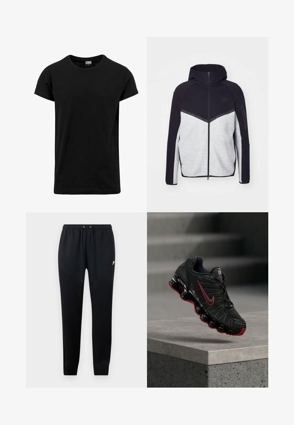 Šedá a čierna vetrovka na zips s kapucňou. Obsahuje chevronový dizajn, zipsovú kapsu na ramene a kontrastné textúry. Viditeľné logo Nike.; Čierne tričko vyrobené z bavlny, s klasickým okrúhlym výstrihom, krátkymi rukávmi s prehnutím a rovnom spodným okrajom. Jednoduchý, jednoliaty dizajn bez vzorov.; Čierne teplákové nohavice z mäkkej tkaniny, s elastickým pásom na šnúrky, s manžetami na členkoch a malým logom na boku.; Čierno-červená športová obuv Nike s viditeľnou pružinovou podrážkou, balansujúca na okraji betónového schodu.