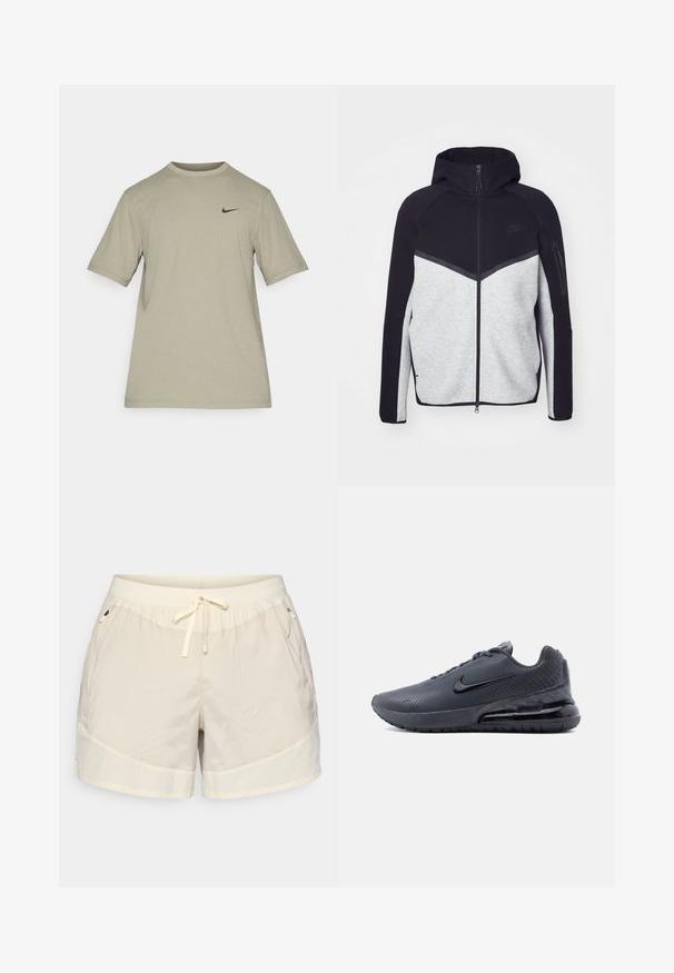 Šedá a čierna vetrovka na zips s kapucňou. Obsahuje chevronový dizajn, zipsovú kapsu na ramene a kontrastné textúry. Viditeľné logo Nike.; Svetlosivé krátke rukávy tričko Nike s okrúhlym výstrihom a malým čiernym logom Nike swoosh na ľavej strane hrude.; Béžové športové šortky s elastickým pásom, šnúrkou na stiahnutie a dvoma bočnými vreckami. Textúrovaná tkanina s hladkými akcentmi.; Tmavosivá teniska Nike Air Max s čiernym logom, viditeľnou vzduchovou vložkou na podrážke a textúrovaným zvrškom, zobrazená z ľavej strany na bielom pozadí.