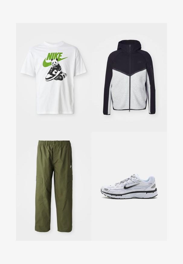 Grå og sort zip-jakke med hætte. Har et chevron-design, lynlåslomme på armen og kontrasterende teksturer. Nike-logoet er synligt.; Hvid bomulds t-shirt med et sort-hvidt panda grafik, der holder en Nike sneaker, med et grønt Nike-logo ovenfor.; Nike cargo bukser i mørke olivengrønne, med elastisk talje, to sidelommer og et glat, let stof.; Hvide løbesko med mesh-overdel, rund tå, sorte accenter og mønstret sål. Har snøring og branding på siden.