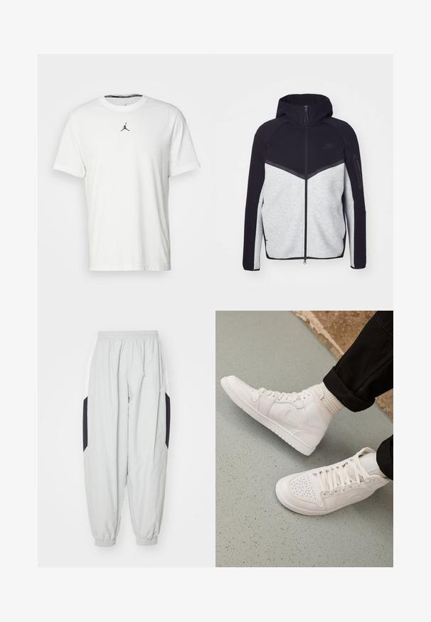 Grå og sort zip-jakke med hætte. Har et chevron-design, lynlåslomme på armen og kontrasterende teksturer. Nike-logoet er synligt.; Hvid kortærmet T-shirt lavet af bomuld, med et sort Jumpman-logo på brystet og en rund halsudskæring med et sort indvendigt mærke.; Lys grå træningsbukser lavet af letvægtsstof, med elastisk talje og manchetter, samt kontrasterende sorte og hvide sidelapper.; Hvide høj-top sneakers lavet af glat læder med perforeret tå, snørelukning og subtil logo detaljer på siden. Tekstureret gummisål.