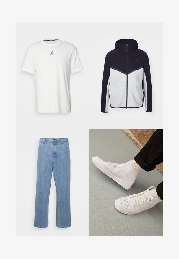 Šedá a čierna vetrovka na zips s kapucňou. Obsahuje chevronový dizajn, zipsovú kapsu na ramene a kontrastné textúry. Viditeľné logo Nike.; Biely tričko s krátkymi rukávmi vyrobené z bavlny, so siluetou čierneho Jumpman loga na hrudi a okrúhlym výstrihom s čiernou vnútornou etiketou.; Svetlomodré denimové džínsy so straight leg strihom, s gombíkovým zapínaním a pútkami na opasok. Tkanina má jemne vyblednutú textúru.; Biele vysoké tenisky vyrobené z hladkej kože s perforovaným špičkou, šnurovacím uzáverom a nenápadným logom na boku. Textúrovaná gumová podrážka.