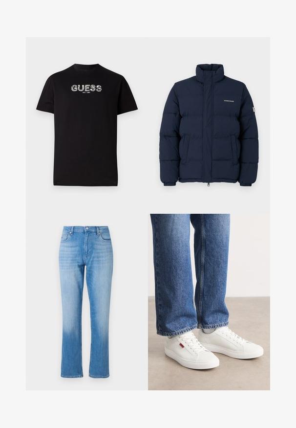 Marineblå dunjakke med høj krave, lynlåslukning og fremtrædende quiltet mønster; har logo på brystet og elastiske mansjetter.; Sort bomulds T-shirt med korte ærmer, der har et hvidt grafisk "GUESS" logo og teksten "EST. 1981" nedenfor. Rund halsudskæring, afslappet pasform.; Lyseblå denim jeans med lige ben, der har en klassisk fem-lomme stil, knaplukning og subtil falmning nær kanten.; Hvide sneakers med en glat overflade, rund tå og flad sål. Accompaneret af blå denim jeans med en lige pasform og synlige sømme.