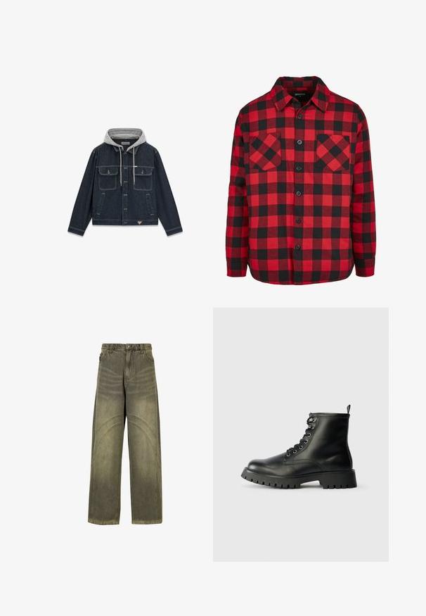 Mørkeblå denimjakke med nålestriber, knaplukning foran, to brystlommer med klap, sidelommer og fastgjort grå hætte med snøre.; Rød og sort ternet flanelskjorte med knaplukning, der har to brystlommer og krave. Fremstillet af tekstureret bomuldsstof.; Bredde ben jeans i olivengrøn denim med buede søm-detaljer, klassisk knaplukning og en falmet finish.; Sorte læder ankelsko med rund tå, seks huller til snørebånd og en tyk, tekstureret sål med dybe riller.