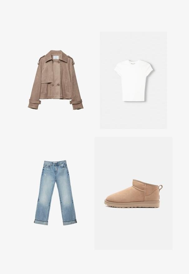 Beige suede jasje met een dubbelgeknoopt voorpand, brede kraag en schouderepauletten. Heeft grote knopen en manchetten met een riem, kortere snit.; Witte t-shirt met korte mouwen van zachte katoen, met een ronde halslijn en een getailleerde vorm. Geen zichtbare patronen of versieringen.; Lichtblauwe wijde spijkerbroek met omslag aan de zoom en lichte slijtage op de voorzakken en dijen.; Tan suède enkellaars met een afgeronde neus, zachte textuur, eenvoudig ontwerp en een laag profiel rubberen zool. Voorzien van een trekhaak aan de achterkant.