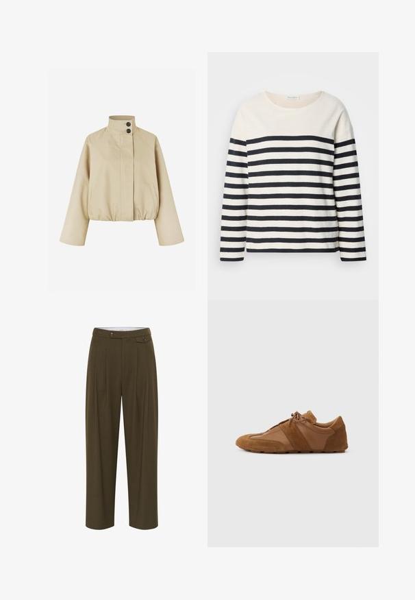 Beige kurze Jacke aus glattem Stoff, mit einem hohen Kragen, zwei schwarzen Knöpfen und seitlichen Taschen mit einem gerafften Saum.; Langärmliges Oberteil mit cremefarbenem Grund und marineblauen horizontale Streifen. Mit einem runden Ausschnitt und lockerer Passform. Weiches Baumwollmaterial.; Olivgrüne, hoch taillierte Hose mit Falten, geradem Bein, zwei Vordertaschen und Knopfverschlüssen zum Schließen.; Brauner Leder- und Wildledersneaker mit Schnürsenkeln, niedrigem Profil und Gummisohle, seitlich vor einfarbigem Hintergrund dargestellt.