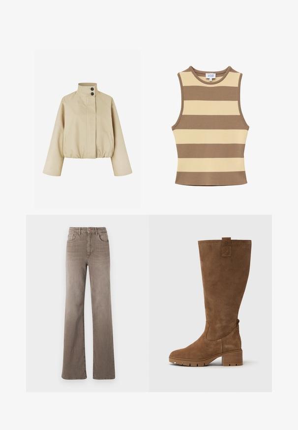 Beige kurze Jacke aus glattem Stoff, mit einem hohen Kragen, zwei schwarzen Knöpfen und seitlichen Taschen mit einem gerafften Saum.; Ärmelloses Stricktop mit breiten horizontalen beigen und braunen Streifen, rundem Ausschnitt und gerippten Kanten.; Braune hoch taillierte Straight-Leg-Jeans mit vorderem Knopf, Gürtelschlaufen und klassischem Fünf-Taschen-Design auf weißem Hintergrund.; Tamaris Stiefel - brown
