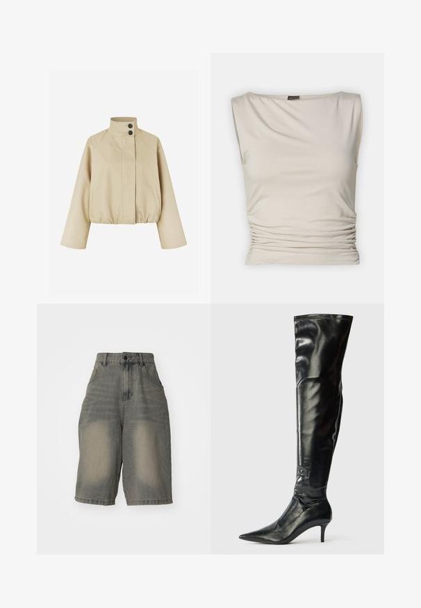 Beige cropped jakke lavet af glat stof, med høj krave, to sorte knapper og sidelommer med rynket kant.; Gina Tricot SOFT TOUCH BOATNECK TOP - Top - pumice stone; Jaded London LIGHT WASH JUMBO JORTS - Denimshorts - light wash; Knæhøje sorte læderstøvler med en blank finish, spidse tæer og en slank stilettohælt. Har en tætsiddende top med syningsdetaljer.