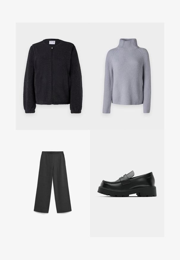 Zwarte fleece jas met een gestructureerde oppervlak, ronde halslijn en een ritssluiting aan de voorkant. Voorzien van lange mouwen en een relaxte pasvorm.; Lichtgrijze ribgebreide trui met een hoge kraag, lange mouwen en een ontspannen pasvorm, met een gestructureerd patroon en een rechte zoom.; Wijde pijpen in donkergrijs, gemaakt van zachte stof, met een elastische tailleband en zijzakken voor functionaliteit.; Zwarte leren instappers met een chunky, gestructureerde zool, voorzien van een band over de voet en een gladde, gepolijste afwerking.