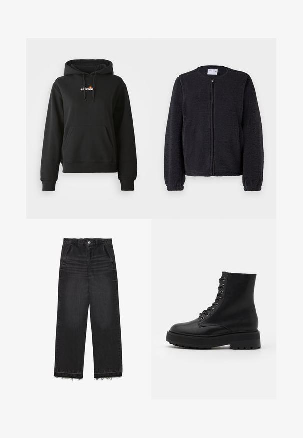 Zwarte fleece jas met een gestructureerde oppervlak, ronde halslijn en een ritssluiting aan de voorkant. Voorzien van lange mouwen en een relaxte pasvorm.; Zwarte hoodie met een voorzak, capuchon met trekkoord en een klein kleurrijk logo op de borst. Gemaakt van gladde, zachte stof met geribbelde manchetten.; Zwarte denim trousers met een rechte pijp. Kenmerkt zich door een hoge taille, een rafelige zoom en een subtiele vervaagde textuur. Voorzien van zijzakken.; Zwarte leren enkellaarzen met een ronde neus, gestructureerde bovenkant, metalen veterogen en een dikke, robuuste rubberen zool. Voorzien van een vetersluitingen.