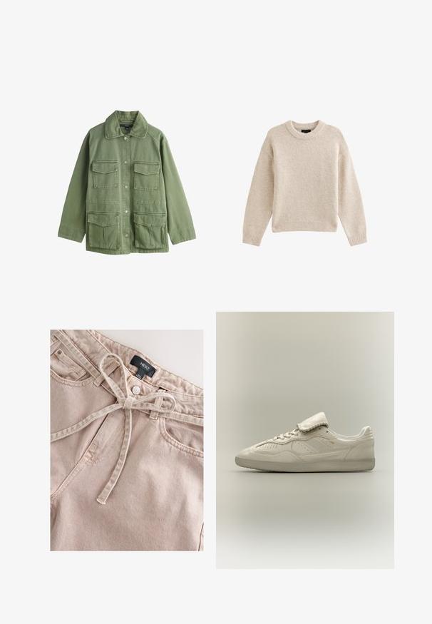 Olivengrøn jakke med knaplukning og fire klaplommer, med klassisk krave og lange ærmer.; Beige strikket sweater med rund hals, lange ærmer og ribbet kant. Tekstureret stof med en blød udseende. Enkel og alsidig design.; Lyserøde denimbukser med bindebånd i taljen, med frontknap, bæltestropper og to forlommer, der viser et tekstureret stof.; Hvid lavtop sneaker med tekstureret sål, snørebånd foran, polstret tunge og subtilt gyldent mærke på siden, vist på neutral baggrund.