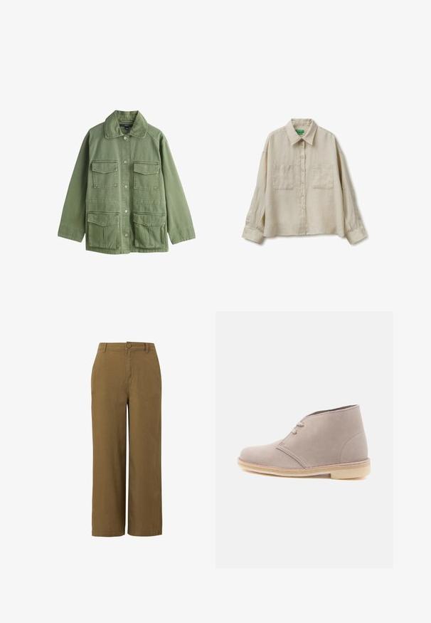 Olivgrüne Jacke mit Knopfverschluss und vier Klappentaschen, mit klassischem Kragen und langen Ärmeln.; Beiges langärmliges Hemd mit Knöpfen, zwei Brusttaschen und klassischem Kragen, hergestellt aus leichtem Stoff.; Braune weitbeinige Hosen aus einem strukturierten Baumwollgemisch, mit einer vorderen Knopfschließe und einem Standard-Taillendesign.; Hellbeiger Wildleder-Desert-Boot mit zwei Ösen und Kautschuksohle, seitlich auf neutralem weißem Hintergrund dargestellt.