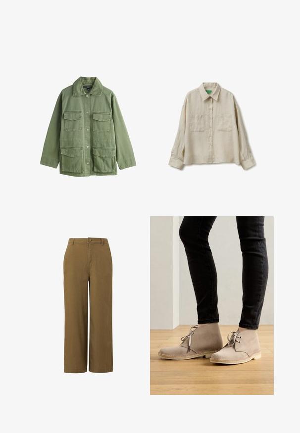 Olivgrüne Jacke mit Knopfverschluss und vier Klappentaschen, mit klassischem Kragen und langen Ärmeln.; Beiges langärmliges Hemd mit Knöpfen, zwei Brusttaschen und klassischem Kragen, hergestellt aus leichtem Stoff.; Braune weitbeinige Hosen aus einem strukturierten Baumwollgemisch, mit einer vorderen Knopfschließe und einem Standard-Taillendesign.; Beige Wildleder-Stiefeletten mit runder Spitze, Schnürdesign und kontrastierenden Nähten, getragen mit schwarzen, enganliegenden Hosen auf einem Holzboden.