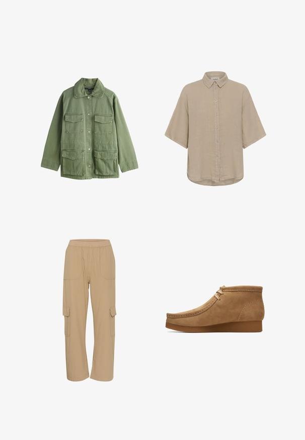 Olivengrøn jakke med knaplukning og fire klaplommer, med klassisk krave og lange ærmer.; Beige kortærmet skjorte med klassisk krave og afslappet pasform, lavet af letvægtsstof.; Beige cargo bukser med elastisk talje, sidelommer og en afslappet pasform. Fremstillet af letvægts, tekstureret stof.; Tan ruskind ankelstøvle med en rund tå, syninger langs overdelen og en tekstureret gummisål. Enkel snørelukkedesign.