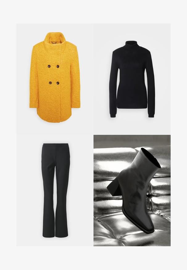 Gul uldfrakke med tekstureret finish, dobbeltknapdesign, høj krave og brune knapper, samt sidelommer.; Sort turtleneck sweater lavet af et blødt strikstof, med lange ærmer og en tætsiddende silhuet, der har ribbet krave og kant.; Sorte flagrende bukser lavet af glat stof; har en flad front uden lommer og en skræddersyet pasform, der smalner ind mod kanten.; Sorte ankelstøvler lavet af glossy materiale med firkantet tå og spidse hæle, sat mod en skinnende sølv tuftet baggrund.