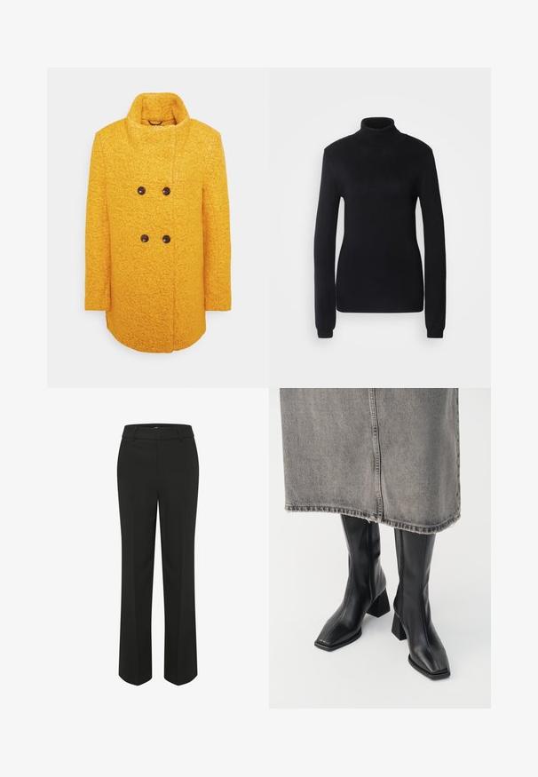 Gul uldfrakke med tekstureret finish, dobbeltknapdesign, høj krave og brune knapper, samt sidelommer.; Sort turtleneck sweater lavet af et blødt strikstof, med lange ærmer og en tætsiddende silhuet, der har ribbet krave og kant.; Sorte, vide benbukser med en glat overflade. Har en tætsiddende livlinje og rene, skræddersyede linjer for et minimalistisk design.; Sorte knæhøje støvler i glat læder med firkantet tå og blokeret hæl. Båret med en grå denimnederdel med flosset kant.