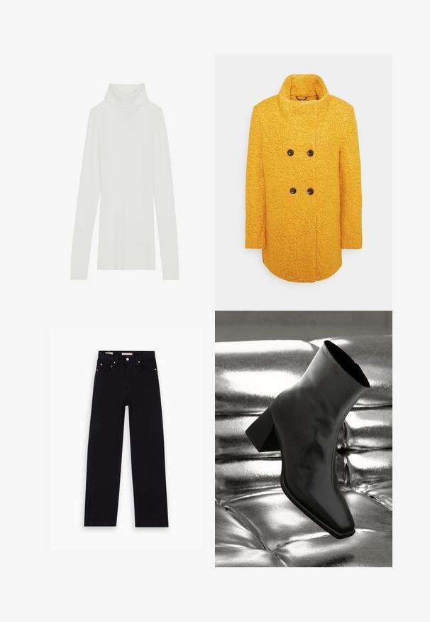 Abrigo de lana amarillo con un acabado texturizado, diseño de doble botonadura, cuello alto y botones marrones, con bolsillos en las costuras laterales.; Suéter de cuello alto de canalé blanco con mangas largas, textura suave y un alto cuello enrollado, presentando un diseño ajustado y sin cierres visibles.; Jeans de mezclilla negros con corte recto, cinco bolsillos, herrajes de cobre y una textura suave. Dos etiquetas visibles en la cinturilla.; Botín negro de tobillo hecho de material brillante, con punta cuadrada y tacón cónico, contra un fondo plateado brillante con almohadillado.