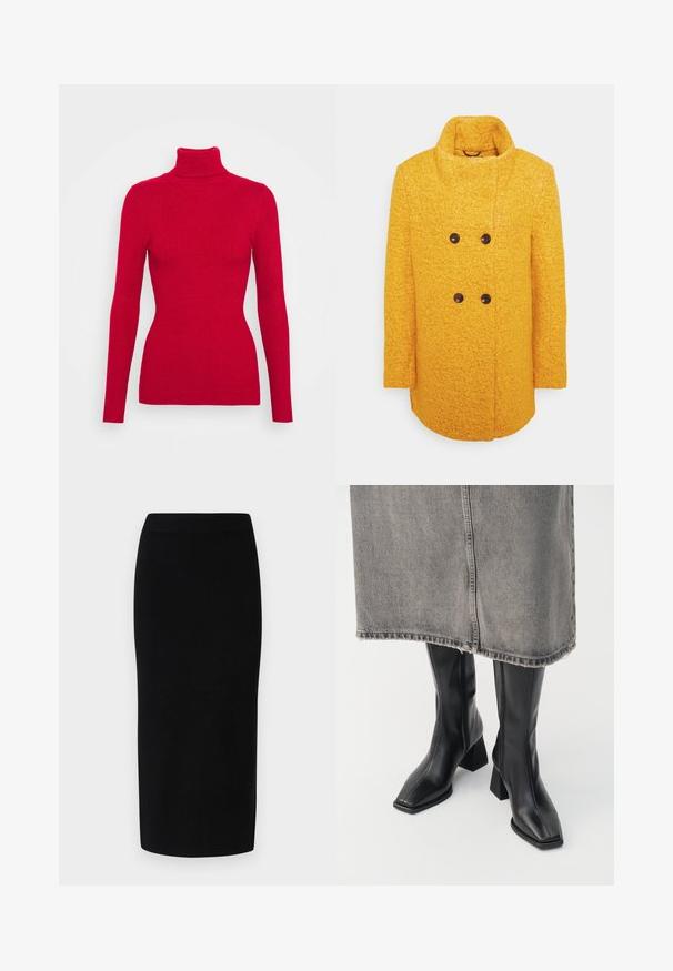 Manteau en laine jaune avec une finition texturée, design croisé, col haut et boutons marron, avec des poches latérales.; Pull en maille côtelée rouge avec un col roulé, des manches longues, un tissu texturé, une coupe ajustée et un col montant. Pas d'embellissements visibles.; Jupe midi en tricot noir avec une silhouette ajustée, dotée d'une large taille élastique et d'une texture lisse, sans motifs ou accents discernables.; Bottes noires montantes en cuir lisse avec un bout carré et un talon bloc. Portées avec une jupe en denim grise à l'ourlet effiloché.