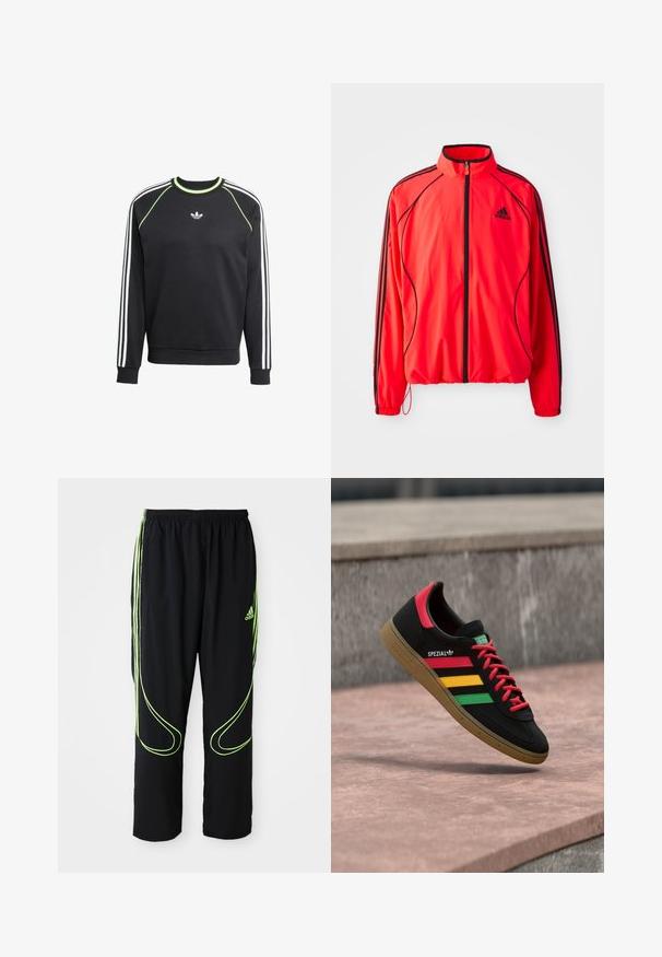 Puna sportlik jakk kõrgema kraega, täispikk lukuga, mustade aktsentidega ja küljetaskutega. Omab elastseid mansette ja kerget disaini.; Must mustriga must ja valgete kolme triibu disainiga varrukatel ja laimiroheline aktsent. Omab ümmargust kaelust ja väikest logo rinnas.; Mustad mustad Adidas spordipüksid, millel on neoonrohelised kumerad jooned ja kolm triipu külgedel, elastne vöökoht ja Adidas logo ees reie peal.; Must Adidas Spezial tossud punaste, kollaste ja roheliste triipude, punaste paelte, kummist tallaga ja punase kontsaga detailiga, kujutatud õhus tänava kohal hõljuvana.