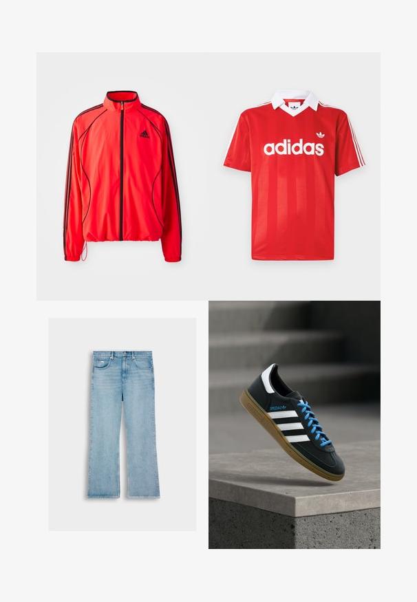 Rød atletisk jakke med høj krave, fuld lynlås, sorte detaljer og sidelommer. Har elastiske manchetter og et let design.; Rød Adidas sportstrøje med hvid krave, tre hvide striber på ærmerne og Adidas-logo centreret på brystet.; Lyseblå denimbukser med lige ben, der har fem lommer, knaplukning og syning langs sømmene.; Sort Adidas sneaker med hvide striber, blå snørebånd og gummisål, der svæver over gråt betontrin i blødt lys.
