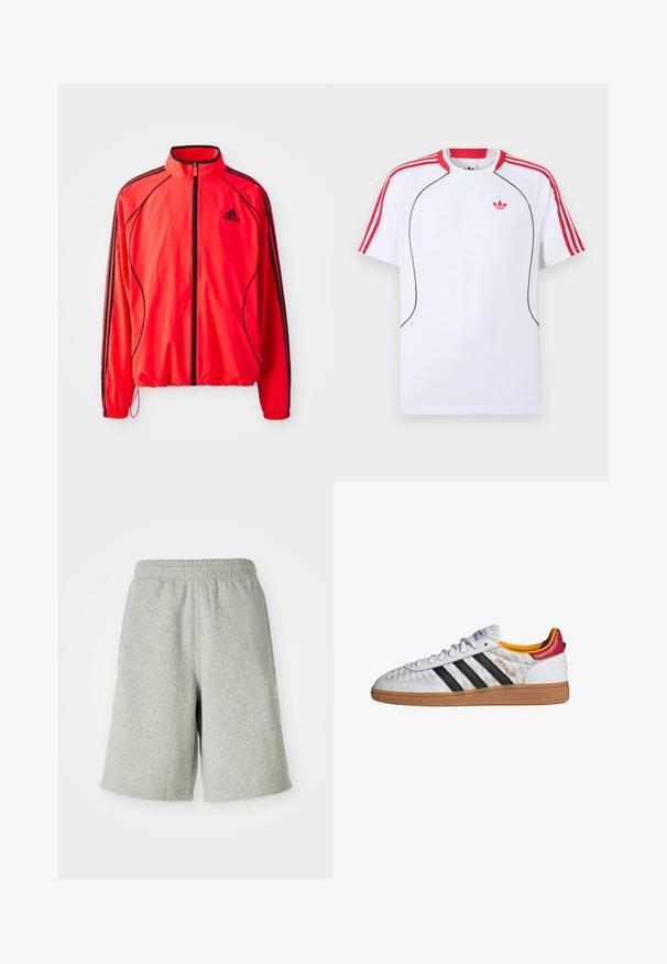 Rød atletisk jakke med høj krave, fuld lynlås, sorte detaljer og sidelommer. Har elastiske manchetter og et let design.; Hvid kortærmet sportstrøje med røde striber på skuldre og ærmer, sort piping foran og rødt Adidas trefoil-logo på brystet.; Grå bomuldsshorts med elastisk talje, knælængde design og diskret logo detalje på siden. Blød tekstur med en afslappet, sportiv pasform.; Hvid Adidas Spezial sneaker med sorte striber, gummisål, quiltet mønster, rød hælflap og gul inderfor, set fra siden.