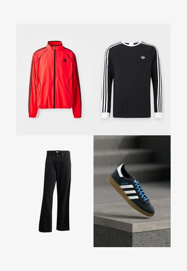 Rød atletisk jakke med høj krave, fuld lynlås, sorte detaljer og sidelommer. Har elastiske manchetter og et let design.; Sort langærmet T-shirt med hvidt trestribet design på ærmerne. Har rund halsudskæring og et lille hvidt logo på brystet.; Sorte denim jeans med straight-leg design, der har frontlommer, en knaplukning og en let tekstur. Inkluderer en diskret logo detalje.; Sort Adidas sneaker med hvide striber, blå snørebånd og gummisål, der svæver over gråt betontrin i blødt lys.