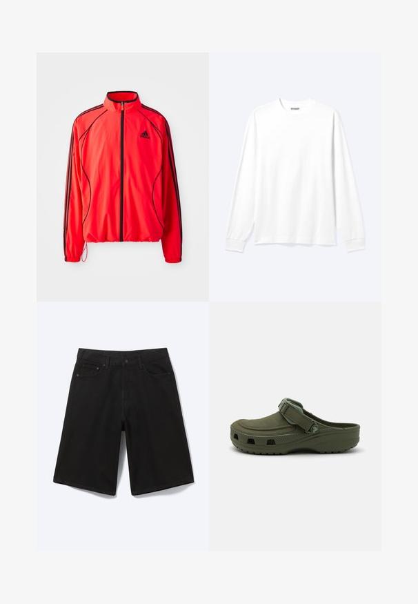 Rød atletisk jakke med høj krave, fuld lynlås, sorte detaljer og sidelommer. Har elastiske manchetter og et let design.; Langærmet plain hvid skjorte med rund hals og ribkantede manchetter, vist på en neutral lys baggrund.; Sorte denim shorts til knæet med frontknap, bæltestropper og fem lommer, vist mod en hvid baggrund.; Grøn gummi klipklap med justerbar rem og ventilationshuller. Glat tekstur, rundt tåparti og hævet sål for komfort.