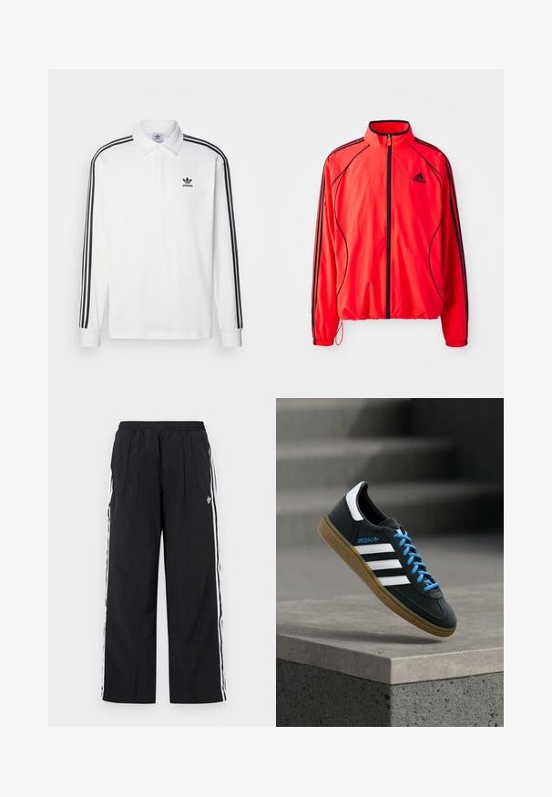 Puna sportlik jakk kõrgema kraega, täispikk lukuga, mustade aktsentidega ja küljetaskutega. Omab elastseid mansette ja kerget disaini.; Valge pika varrukaga polo särk, millel on klassikaline krae, mustad kolm riba aktsendid varrukatel ja väike must logo rinnal.; Mustad laiad püksid valgete küljeribadega, elastse vöökohaga, esipoolsete voltidega ja Adidas logo paremal reiel.; Must Adidas toss valgete triibu, siniste paelte ja kummist tallaga, hõljuv pehme valgusega halli betoonastme kohal.