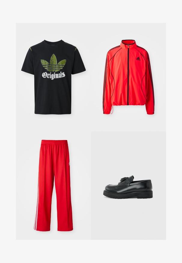 Rød atletisk jakke med høj krave, fuld lynlås, sorte detaljer og sidelommer. Har elastiske manchetter og et let design.; Sort bomulds T-shirt med et slidt grønt grafik med tre striber og ordet "Originals" nedenfor i hvidt, rund halsudskæring, korte ærmer.; Røde træningsbukser lavet af letvægtigt stof, med en elastisk talje, to hvide sidestreger og et lille logo på hoften.; Sort læderloafer med kvaster, tyk gummisål og lav hæl, vist i sideprofil på en ensfarvet baggrund.