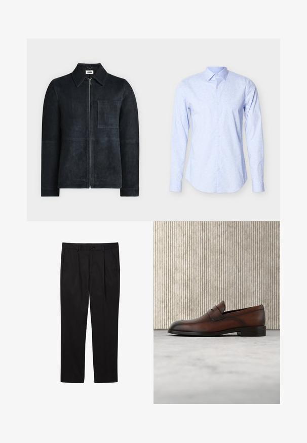 Veste noire en daim avec fermeture éclair, col pointu et poche carrée sur la poitrine, manches longues et détails cousus.; Chemise manches longues bleu clair en tissu doux, avec un motif floral subtil, fermeture boutonnée à l'avant et col classique.; Pantalons formels noirs pour hommes avec poches avant, passants pour ceinture, fermeture par bouton et coupe droite.; Mocassin pour homme en cuir marron avec devant perforé et détail de bride, positionné sur un tapis beige, avec une table ronde brillante marron en arrière-plan.