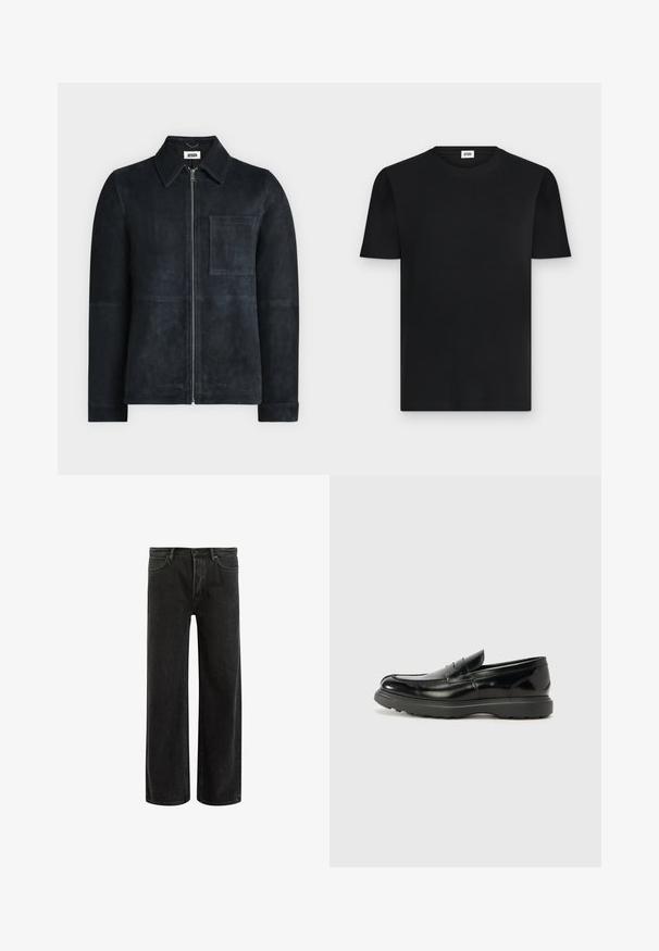 Schwarze Wildlederjacke mit Reißverschluss, spitzem Kragen und quadratischer Brusttasche, langen Ärmeln und abgesteppten Details.; Schwarzes kurzärmeliges, geripptes Baumwoll-T-Shirt mit Rundhalsausschnitt und einem kleinen weißen Label innen am Kragen.; Schwarze, weit geschnittene Jeans aus Denim mit hoher Taille, im klassischen Fünf-Taschen-Design und subtilem Verblassen für eine strukturierte Optik.; Schwarze Lederloafer mit glanzendem Finish, abgerundetem Zehenbereich, subtilen Steppnähten und einer dicken Gummisohle für Langlebigkeit.