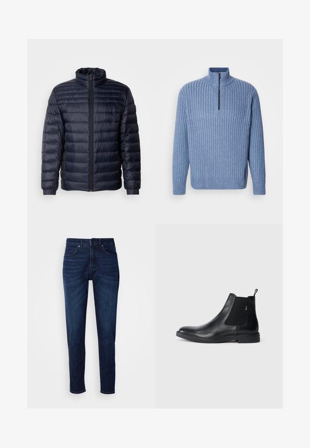 Marineblaue Steppjacke mit hohem Kragen, gestepptem Design, Frontreißverschluss und gerippten Bündchen. Glatte Textur mit leichtem Aussehen.; Hellblau gestrickter Pullover mit Rippenstruktur, Stehkragen und teilweisem Reißverschluss am Hals; verfügt über lange Ärmel und einen geraden Saum.; Dunkelblaue Jeans aus Denim mit geradem Bein, ausgestattet mit Taschen und einem Knopfverschluss an der Taille. Weiche Textur, minimale Ausbleichungen.; Schwarze Leder Chelsea-Boots mit elastischen seitlichen Einsätzen, einer Zugschlaufe und einer flachen Gummisohle. Glatte Textur mit minimaler Ausgestaltung.