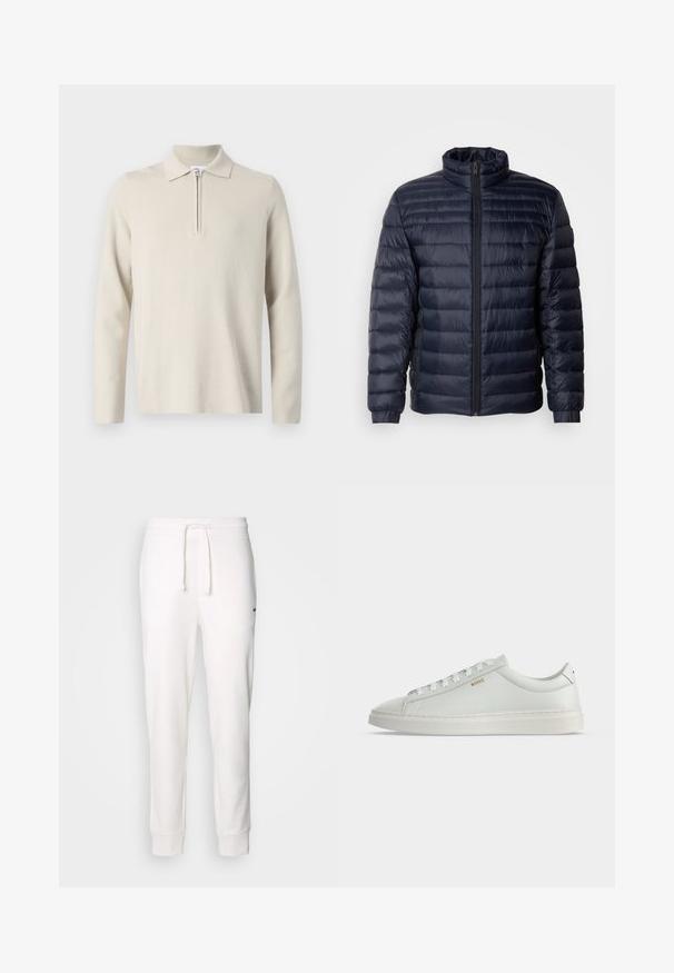 Veste matelassée navy avec col haut, design matelassé, fermeture éclair à l'avant et poignets côtelés. Texture lisse avec une apparence légère.; Polo à manches longues de couleur crème avec une fermeture éclair au col, fabriqué en tissu doux et texturé, avec une coupe classique et un design minimaliste.; Jogging en coton blanc avec une taille élastique, un cordon de serrage et des poignets côtelés. Présente un petit logo noir sur le côté.; Baskets basses blanches en cuir avec lacets, semelle plate et petit logo doré "BOSS" sur le côté, vues de l'extérieur.