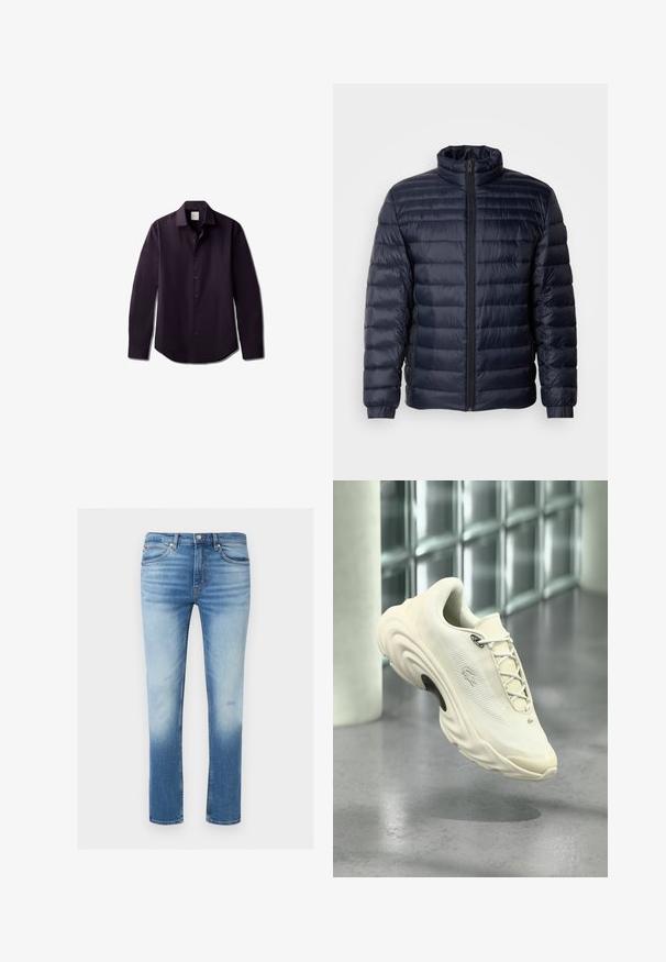 Laineita puffer-takki tummansinisenä, korkealla kauluksella, tilkkupinnalla, edessä vetoketjukiinnityksellä ja resorikäsivarsilla. Silkkinen pinta, joka näyttää kevyeltä.; Tumman violetin pitkähihaisen paidan, jossa on sileää kangasta. Edessä napillinen, pehmeä kaulus ja kaareva helmareuna.; Miesten slim-fit siniset farkut haalistuneella etupuolella, klassinen viiden taskun malli, napillinen suljenta ja vyölenkit.; Kermanvärinen lenkkari, jossa paksu pohja, verkkomainen päällinen, nauhat ja kohokuvioitu logo, esitetty modernissa, heijastavassa sisätilassa.