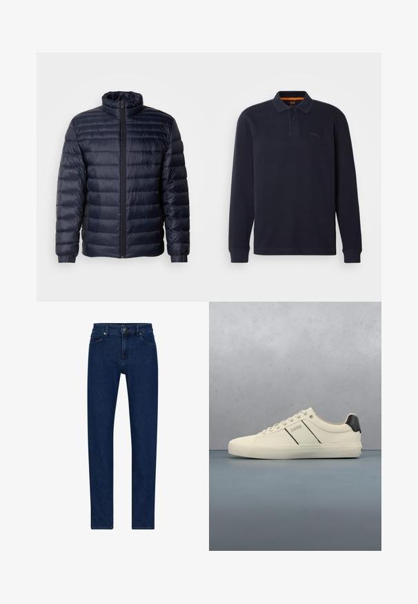 Marineblaue Steppjacke mit hohem Kragen, gestepptem Design, Frontreißverschluss und gerippten Bündchen. Glatte Textur mit leichtem Aussehen.; Marineblaue langärmelige Poloshirt aus strukturiertem Stoff mit einer Knopfleiste am Hals. Verfügt über ein kleines gesticktes Logo auf der Brust.; Dunkelblaue Denim-Jeans mit geradem Schnitt, fünf Taschen und einem Knopfverschluss. Verfügt über dezente Nähte und eine glatte Textur.; Cremfarbene Sneaker mit glatter Oberfläche, die schwarze Akzente und Markenlogo aufweisen. Klassisches Schnürdesign mit runder Zehenform und Gummisohle.