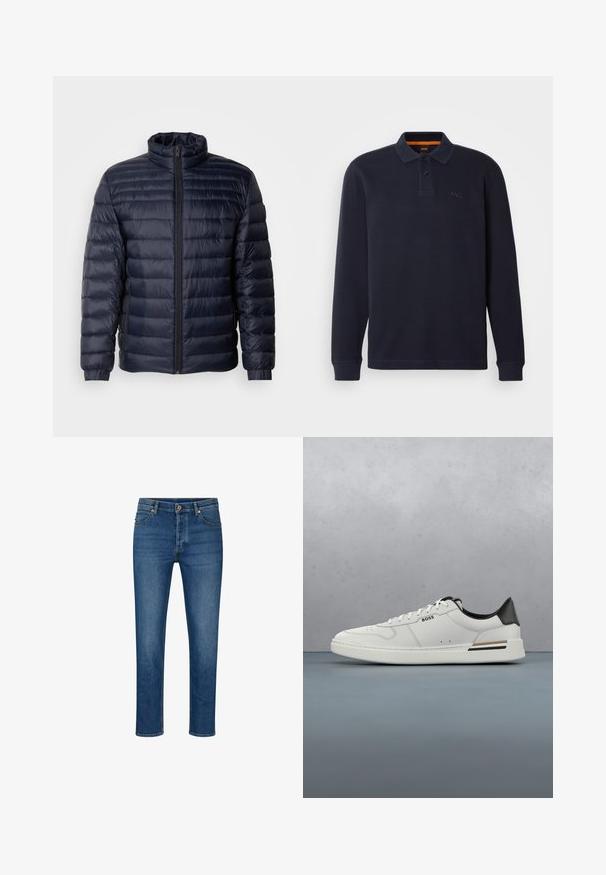 Marineblaue Steppjacke mit hohem Kragen, gestepptem Design, Frontreißverschluss und gerippten Bündchen. Glatte Textur mit leichtem Aussehen.; Marineblaue langärmelige Poloshirt aus strukturiertem Stoff mit einer Knopfleiste am Hals. Verfügt über ein kleines gesticktes Logo auf der Brust.; Blaue Denim-Jeans mit geradem Schnitt, ausgestattet mit fünf Taschen, Gürtelschlaufen und einem Knopfverschluss. Leichte Abnutzungsspuren und kontrastierende Nähte.; Weißer Sneaker mit niedrigem Schnitt und schwarzer Ferse, Schnürverschluss, dezenten Perforationen und "BOSS"-Logo an der Seite, gezeigt von der äußeren Seitenansicht.