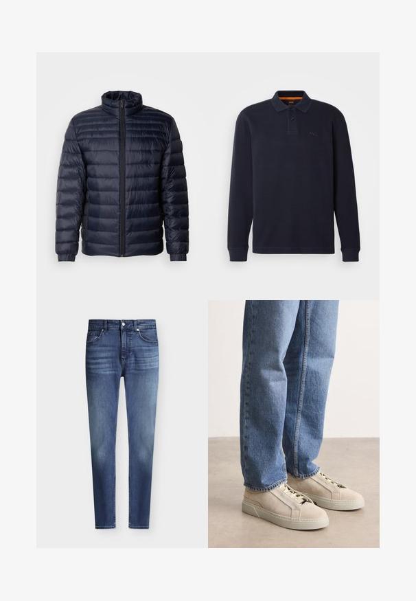 Marineblå pufferjakke med høj krave, quiltet design, lynlås fortil og ribbede cuffs. Glat tekstur med et let udseende.; Mørkeblå langærmet polo skjorte lavet af tekstureret stof med en knaplukning ved halsen. Har et lille broderet logo på brystet.; Herre slim fit blå denim jeans med klassisk fem-lommer stil og let falmning på lår og knæ, knap- og lynlås lukning.; BOSS GARYTENN_SDHDEL - Sneakers - natural ten