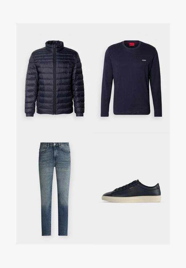 Marineblaue Steppjacke mit hohem Kragen, gestepptem Design, Frontreißverschluss und gerippten Bündchen. Glatte Textur mit leichtem Aussehen.; Navy Langarm-T-Shirt aus Baumwolle mit rundem Halsauschnitt, weißem "HUGO"-Logo auf der Brust und glatter, einfacher Textur.; Herren Slim-Fit blaue Jeans mit dezenten Verwaschungseffekten, Knopfverschluss und Fünf-Taschen-Design.; Niedrig geschnittener dunkelblauer Ledersneaker mit cremefarbiger Gummisohle und goldener "BOSS"-Marke an der Seite, seitliche Ansicht.
