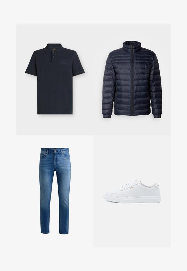 Chaqueta de plumas navy con un cuello alto, diseño acolchado, cierre frontal con cremallera y puños de canalé. Textura suave con un aspecto ligero.; Polo azul marino de manga corta con tapeta de dos botones y logo sutil "BOSS" en el pecho izquierdo.; Vaqueros de mezclilla azul con ajuste slim, que cuentan con cinco bolsillos, cierre de cremallera y un sutil desvanecimiento en la parte delantera. Textura suave y piernas rectas.; Zapatillas de cuero blanco con textura suave, puntera redondeada y costuras tonales. Cuentan con cordones azules y un logo dorado en el lateral.
