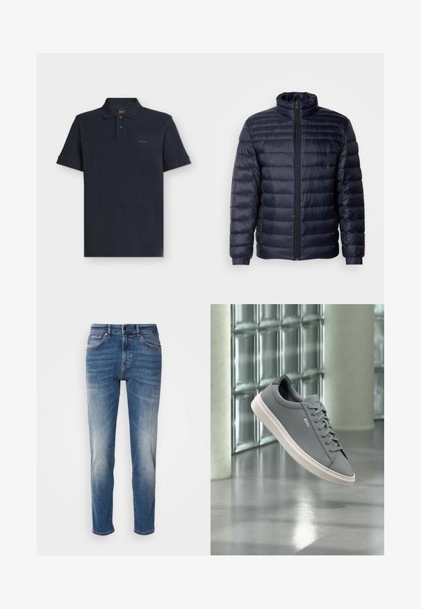 Chaqueta de plumas navy con un cuello alto, diseño acolchado, cierre frontal con cremallera y puños de canalé. Textura suave con un aspecto ligero.; Polo azul marino de manga corta con tapeta de dos botones y logo sutil "BOSS" en el pecho izquierdo.; Jeans de mezclilla azul con un diseño de pierna recta, ligero desgastado, estilo clásico de cinco bolsillos y cierre de cremallera con botón.; Zapatilla gris de la marca BOSS con suela blanca, con cordones, flotando en el interior frente a una pared de bloques de vidrio y suelo de hormigón pulido.