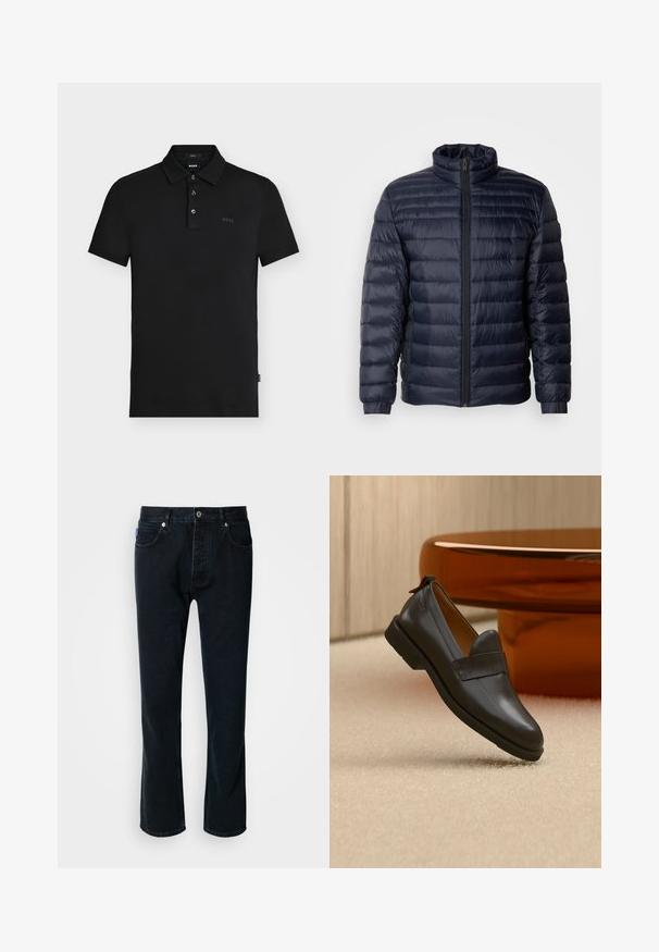 Veste matelassée navy avec col haut, design matelassé, fermeture éclair à l'avant et poignets côtelés. Texture lisse avec une apparence légère.; Polo noir slim-fit avec trois boutons, manches courtes et discret logo "BOSS" sur la poitrine et à l'intérieur du col.; HUGO JONAH - Jean droit - dark blue; Mocassin en cuir noir à talon bas flottant au-dessus d'un tapis beige, à côté d'une table brillante couleur ambre dans une pièce minimaliste.