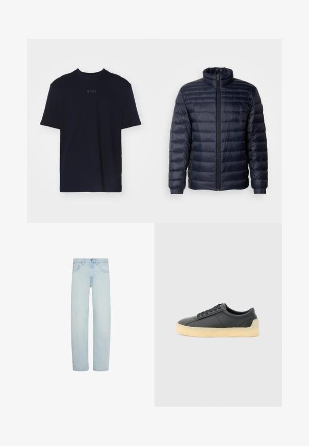Chaqueta de plumas navy con un cuello alto, diseño acolchado, cierre frontal con cremallera y puños de canalé. Textura suave con un aspecto ligero.; Camiseta de algodón azul marino de manga corta y escote redondo, con un logo gris "BOSS" centrado en el pecho.; Vaqueros de mezclilla azul claro con corte recto, cierre frontal con botón y cremallera, trabillas para cinturón y bolsillos delanteros.; Zapatilla baja negra de cuero con puntera redondeada, cordones negros y suela gruesa de goma color blanco roto, mostrada de lado sobre fondo gris claro.
