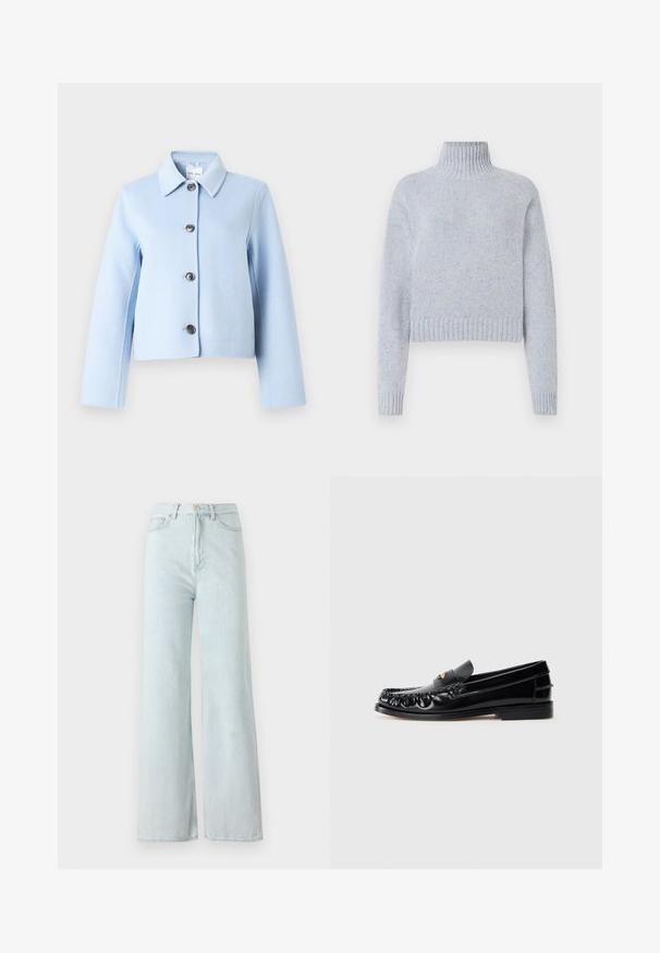 Veste en laine bleu clair avec col pointu et quatre boutons foncés sur le devant, manches longues et coupe courte.; Pull en maille bleu clair à motifs, avec col roulé, manches longues et poignets et ourlet côtelés, présenté sur un fond blanc.; Jeans larges bleu clair à taille haute, en tissu denim. Présente une fermeture à bouton et éclair avec des poches avant.; Mocassins en cuir noir avec un bout arrondi, des coutures décoratives et un petit accent doré sur le dessus. Semelle en caoutchouc plate, design épuré.