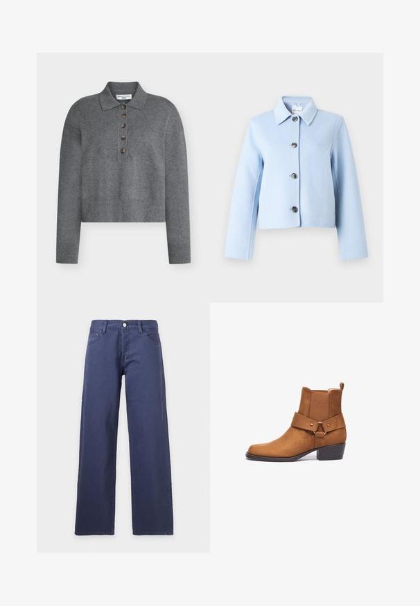 Veste en laine bleu clair avec col pointu et quatre boutons foncés sur le devant, manches longues et coupe courte.; Pull gris court avec col polo, comprenant cinq boutons marron et des poignets et ourlet côtelés. Fabriqué dans un matériau doux et texturé.; Jean en denim bleu foncé à jambes droites, avec poches avant, passants pour ceinture et fermeture à bouton à la taille sur un fond uni.; Bottine en suede marron avec un talon plat, présentant un panneau latéral élastique et une large bande au milieu du pied avec un accent en métal rond.