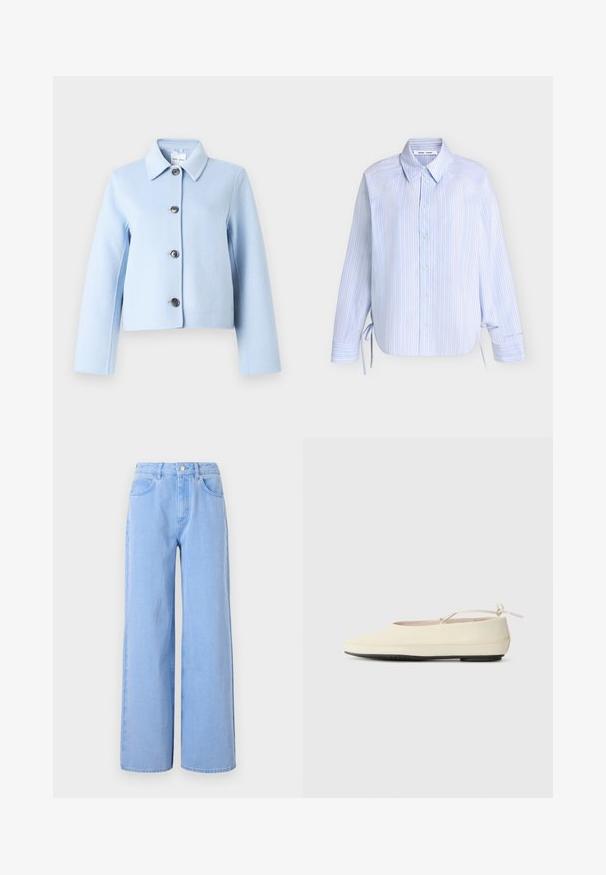 Veste en laine bleu clair avec col pointu et quatre boutons foncés sur le devant, manches longues et coupe courte.; Chemise bleu clair à manches longues avec rayures blanches verticales, fermeture boutonnée devant, col pointu et liens de chaque côté près de l'ourlet.; Jeans larges bleu clair en denim. Dotés d'une taille ajustée avec passants de ceinture et poches avant, de détails de couture et d'un ourlet propre.; Des chaussures plates de couleur crème avec un bout arrondi, une sangle à la cheville et une semelle en caoutchouc noir contrastante. Matériau lisse avec un detailing minimal.