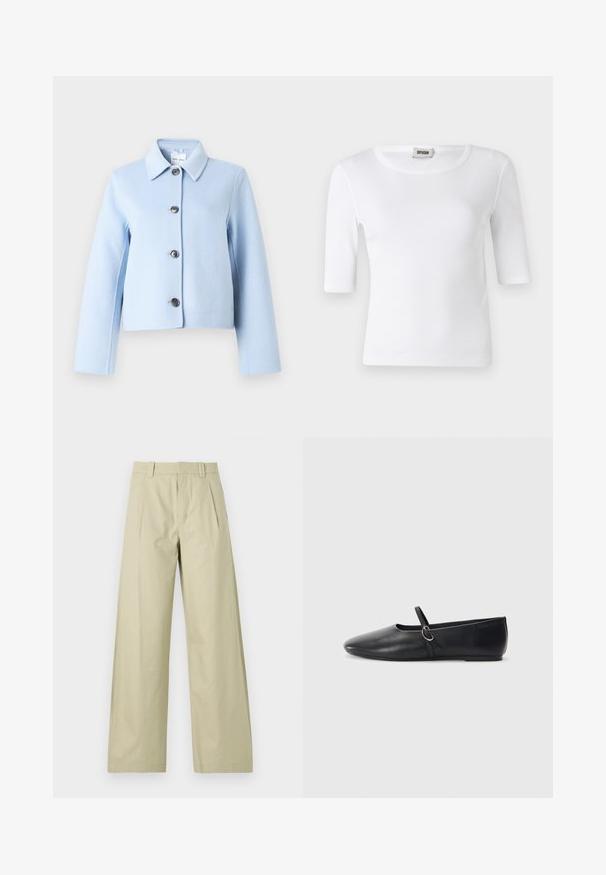Veste en laine bleu clair avec col pointu et quatre boutons foncés sur le devant, manches longues et coupe courte.; T-shirt blanc à côtes avec un col rond et des manches mi-longues. Fabriqué en matériau doux avec une texture lisse. Étiquette visible au niveau du col.; Pantalons larges en coton beige clair, présentant un devant plat avec des plis, des passants de ceinture et des ourlets à revers. Texture lisse et design décontracté.; Ballerines noires en cuir avec un bout pointu, une semelle plate et une petite sangle avec un détail de boucle en argent.