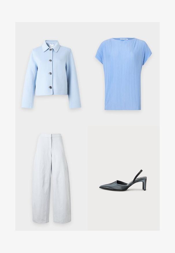 Veste en laine bleu clair avec col pointu et quatre boutons foncés sur le devant, manches longues et coupe courte.; Haut bleu clair en tissu plissé. Il présente un col rond et des manches courtes, avec une texture lisse et légèrement brillante.; Pantalon en lin blanc taille haute à jambes larges avec fermeture avant à boutons et fermeture éclair, présenté sur un fond uni.; Escarpin noir à bride arrière avec un bout pointu, une finition satinée élégante et un talon fin de 7,5 cm. Design latéral ouvert avec des détails de couture minimalistes.